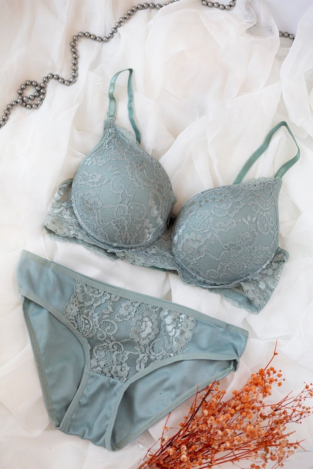 Kadın Su Yeşili Dolgulu Dantel Sütyen Ve Külot Takım