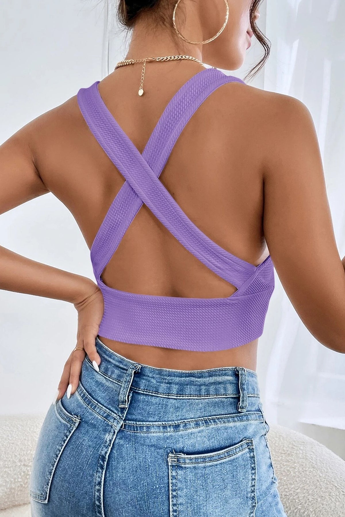 Kadın Lila Çapraz Sırt Detaylı Şık Crop Top Büstiyer