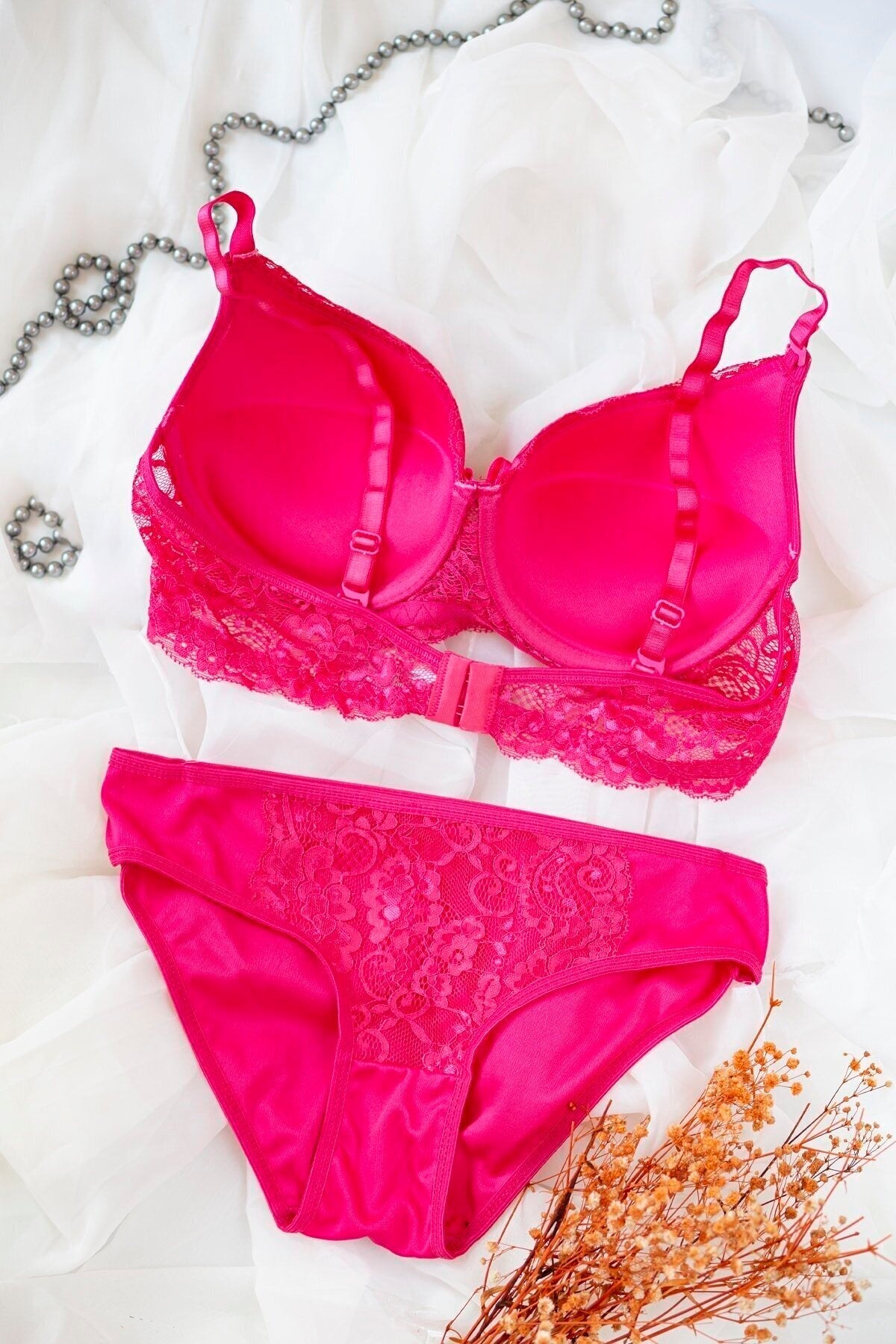 Kadın Fuşya Dolgulu Dantel Sütyen Ve Külot Takım
