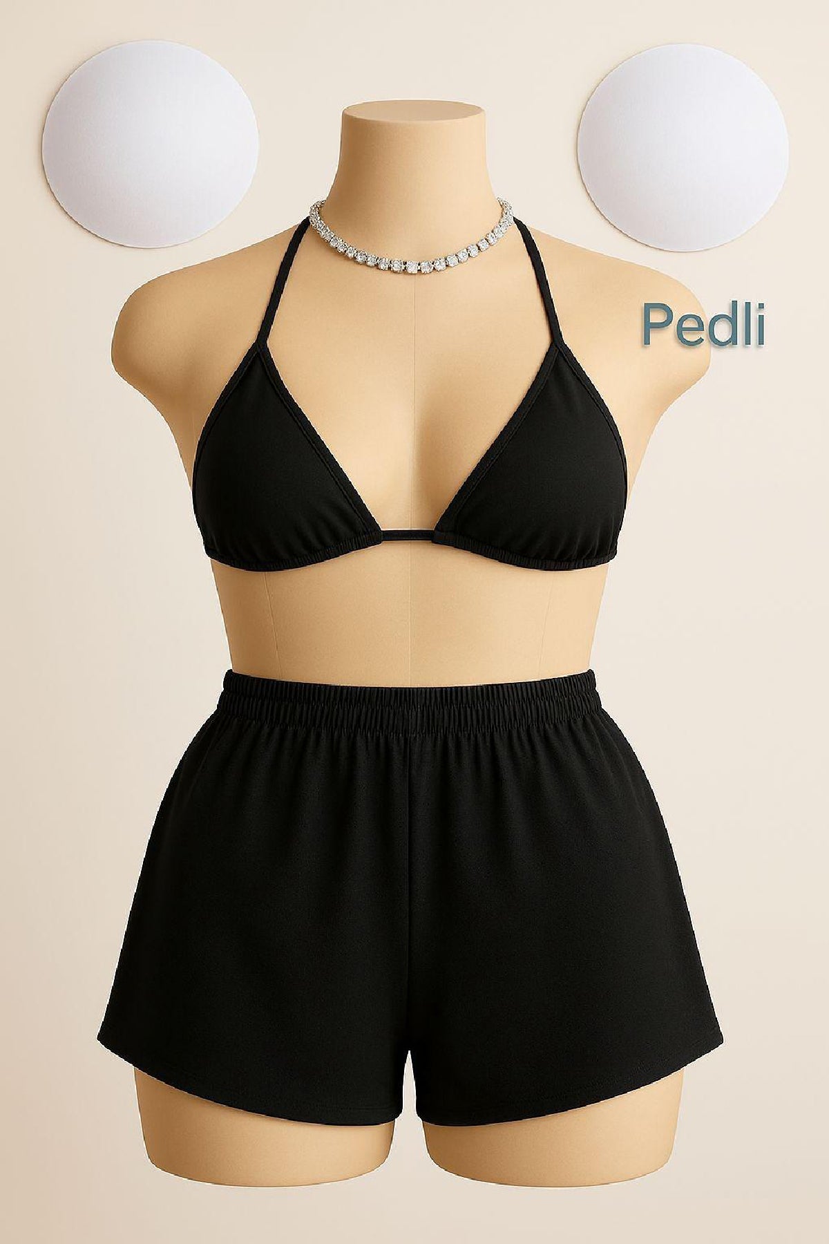 Kadın Siyah Şortlu Belden ve Boyundan Bağlamalı Bikini Takımı