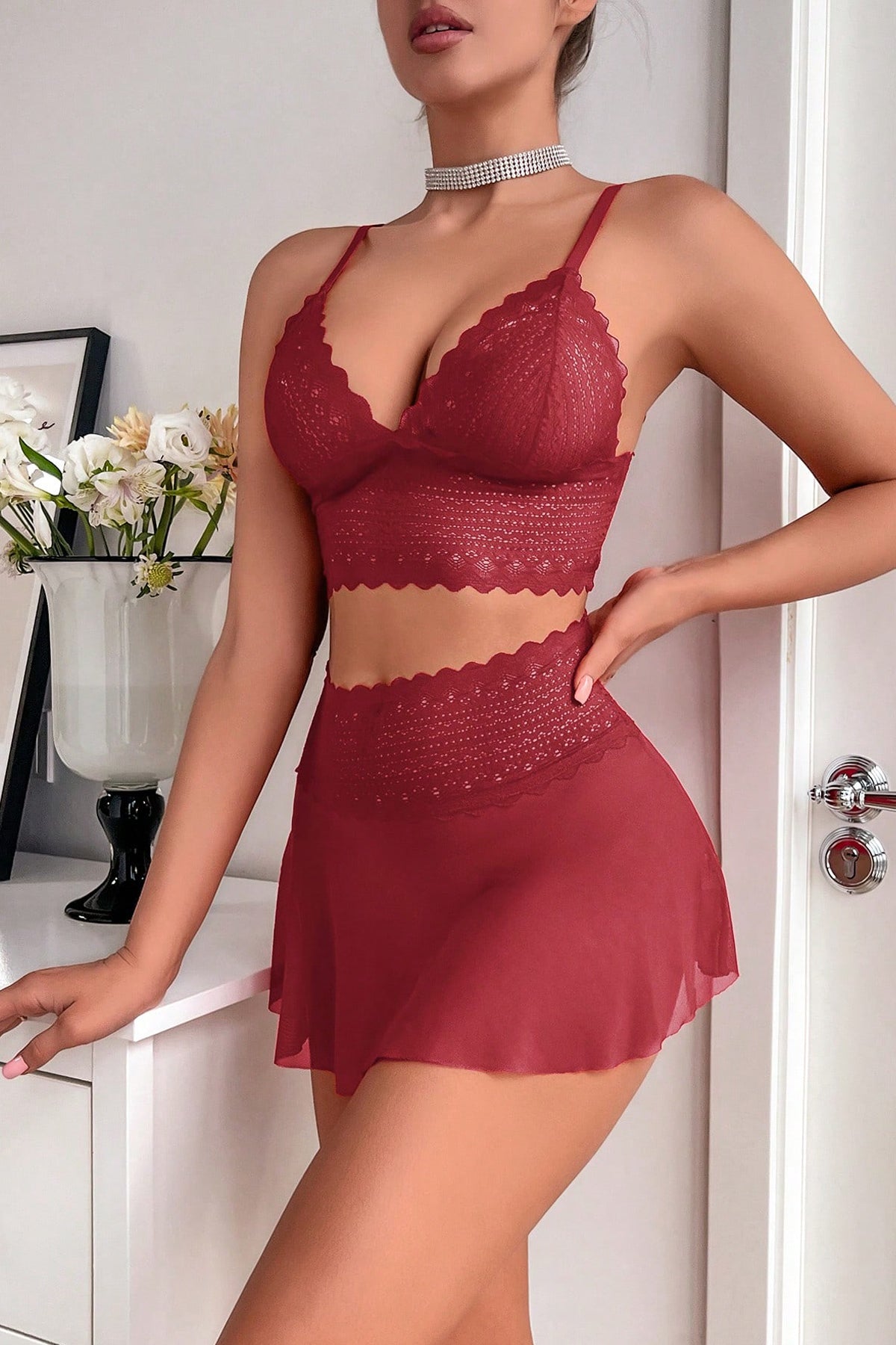 Kadın Bordo Dantel ve Tül Detaylı Etekli Şık Gecelik Takımı