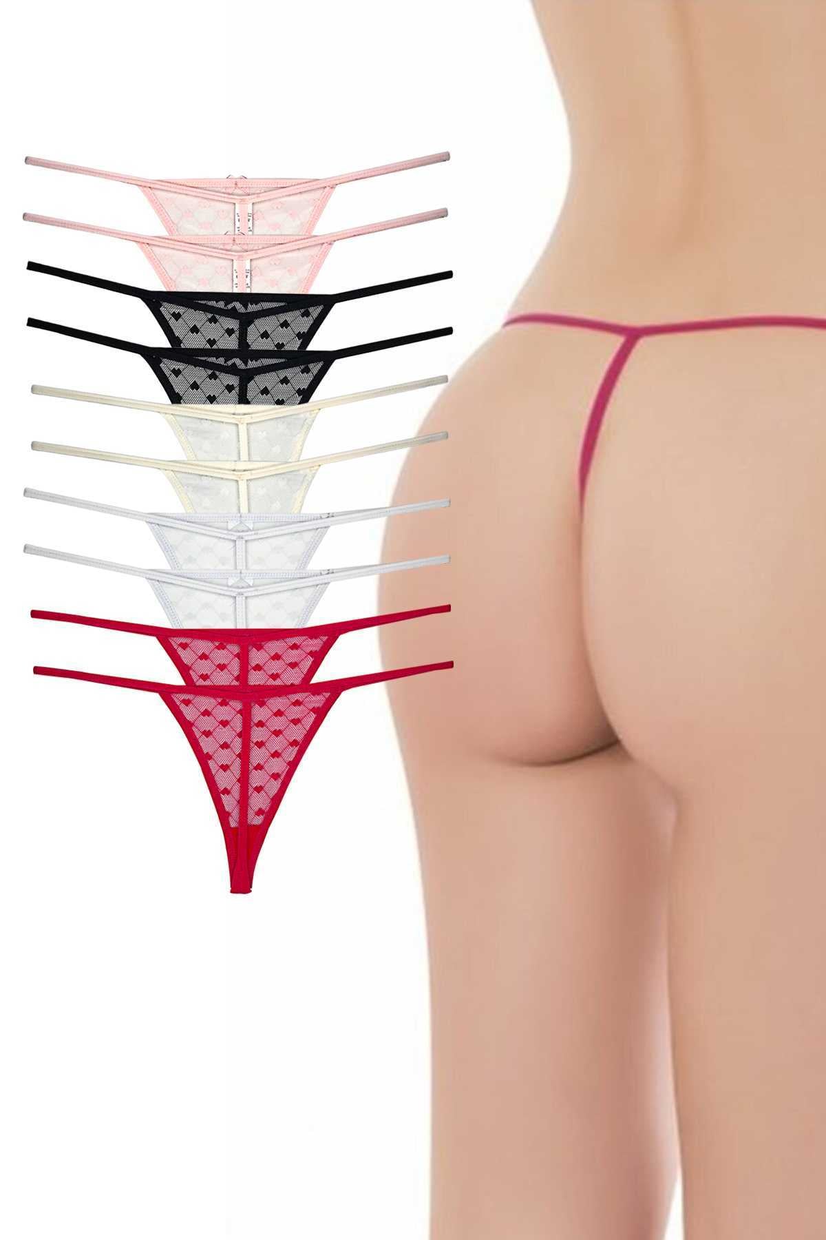 10 Adet Önü Dantelli Kadın İp Tanga String İpkini