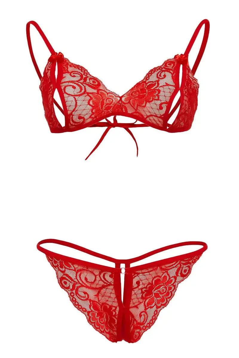 Kırmızı Dantelli Fantazi Sütyen ve G-String Takım