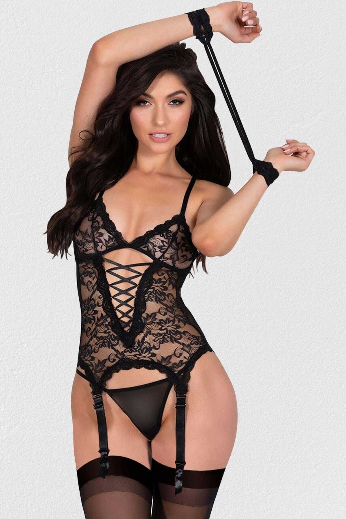 Kadın Siyah Kelepçeli Dantel Jartiyer Takım