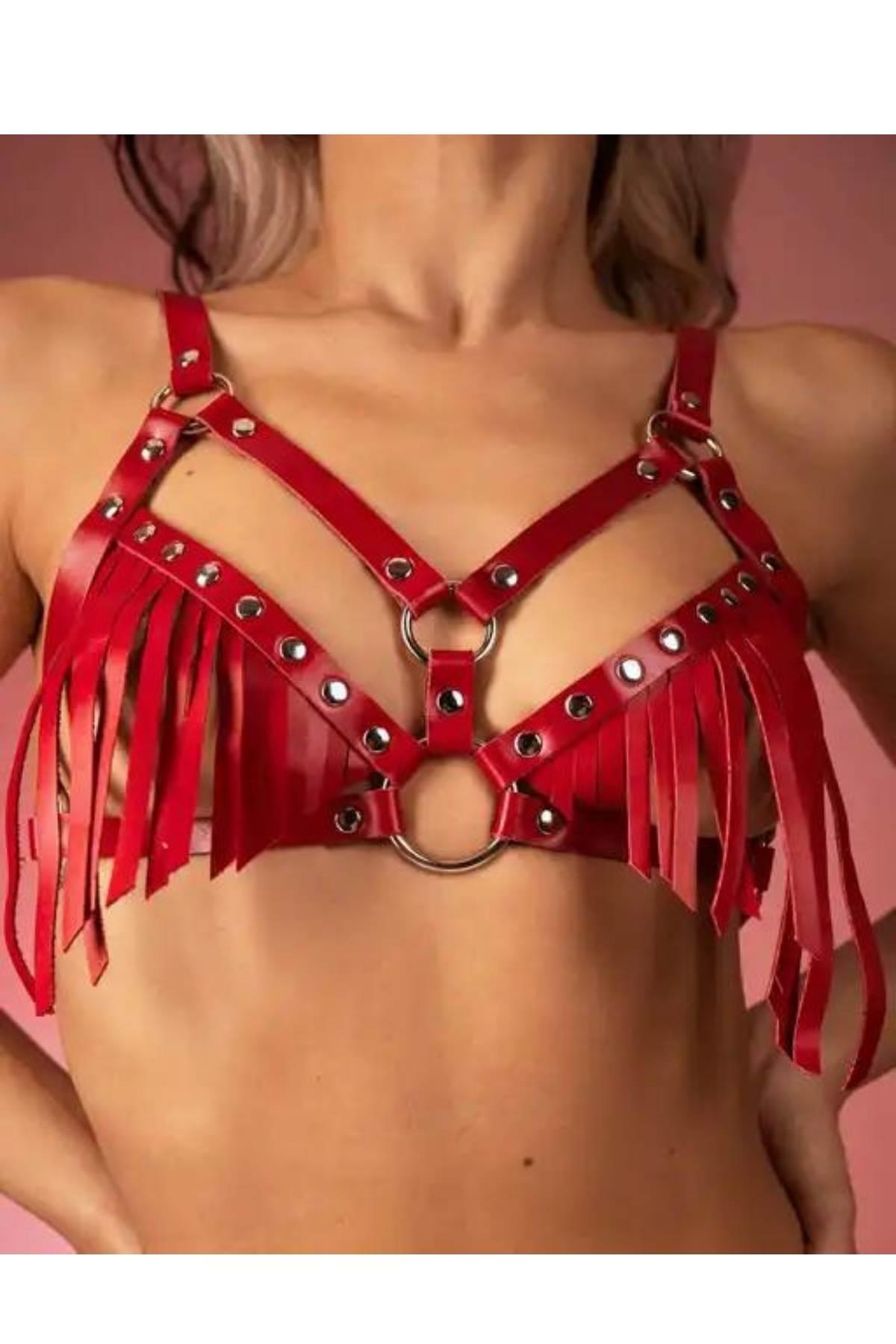 Kırmızı Deri Püsküllü Harness Takım GD-2142K