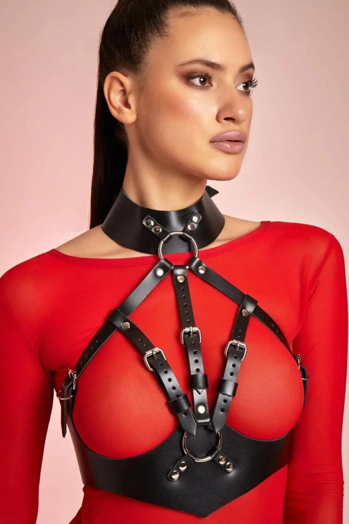 Siyah Deri Fantazi Sütyen Harness GD-2195