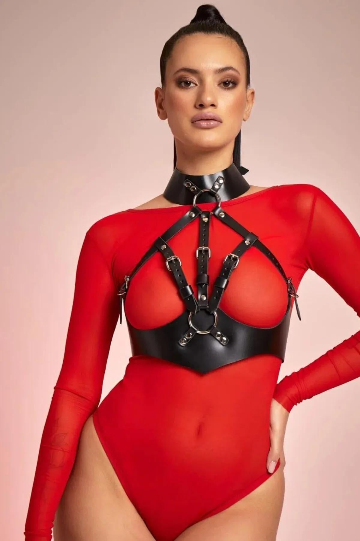 Siyah Deri Fantazi Sütyen Harness GD-2195