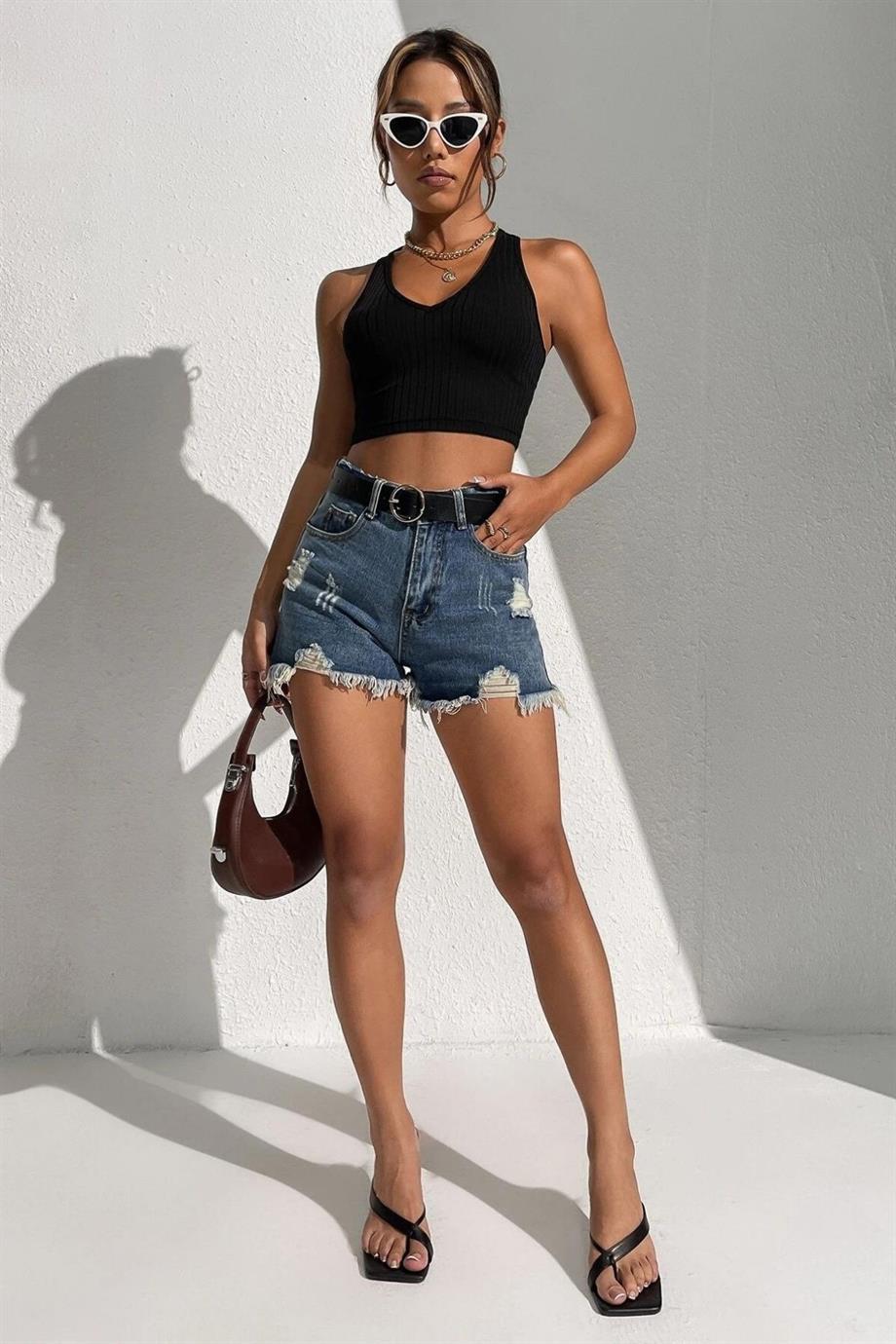 Siyah V Yakalı Crop BN6566S