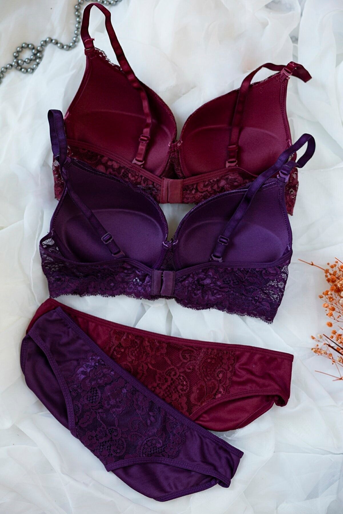 Kadın Bordo Ve Mor Dolgulu Balenli Sütyen Külot 2'li Paket