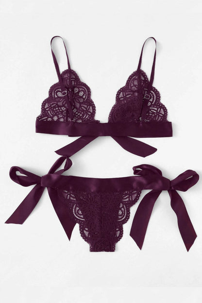 Kadın Mor Kurdelalı Ve Dantelli Sütyen Külot Takımı