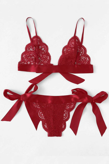Kadın Bordo Kurdelalı Ve Dantelli Sütyen Külot Takımı