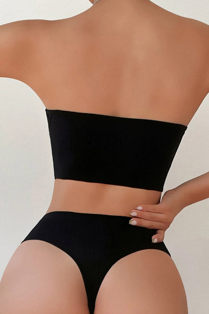 Kadın Siyah Straplez Sütyen ve Yüksek Bel Külot Takım
