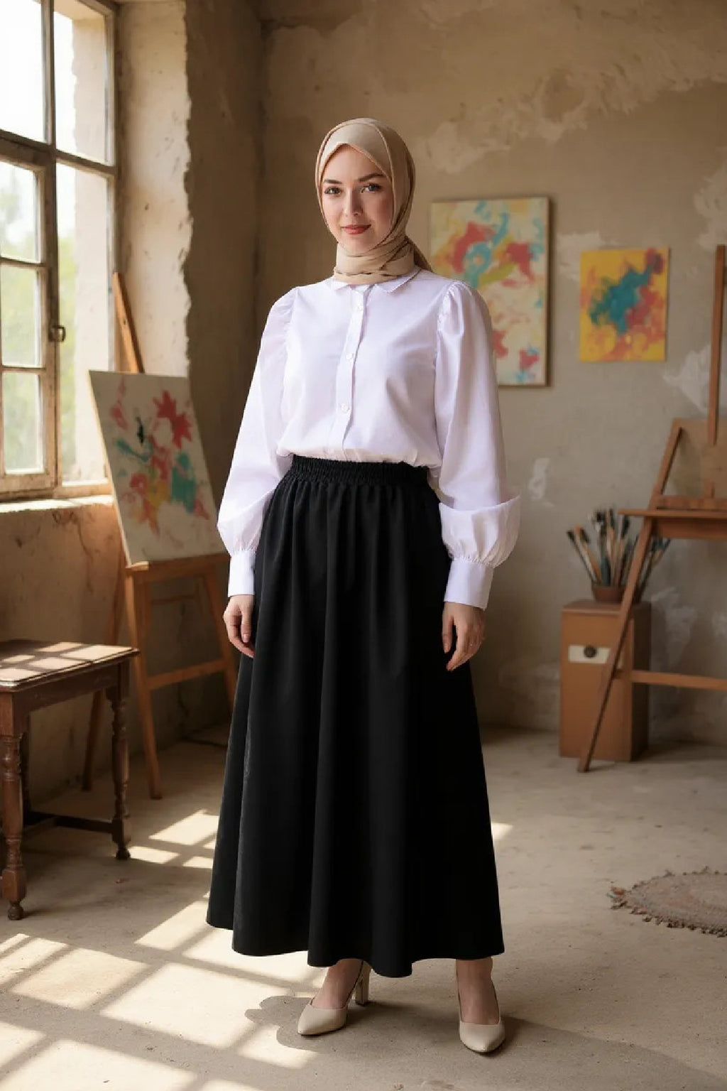 Kadın Kahverengi Double Kumaş Beli Lastikli Cepli Etek