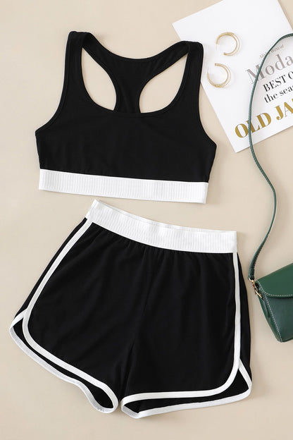 Kadın Siyah Beyaz Lastikli Çapraz Crop Toplu Şortlu Gecelik Takım