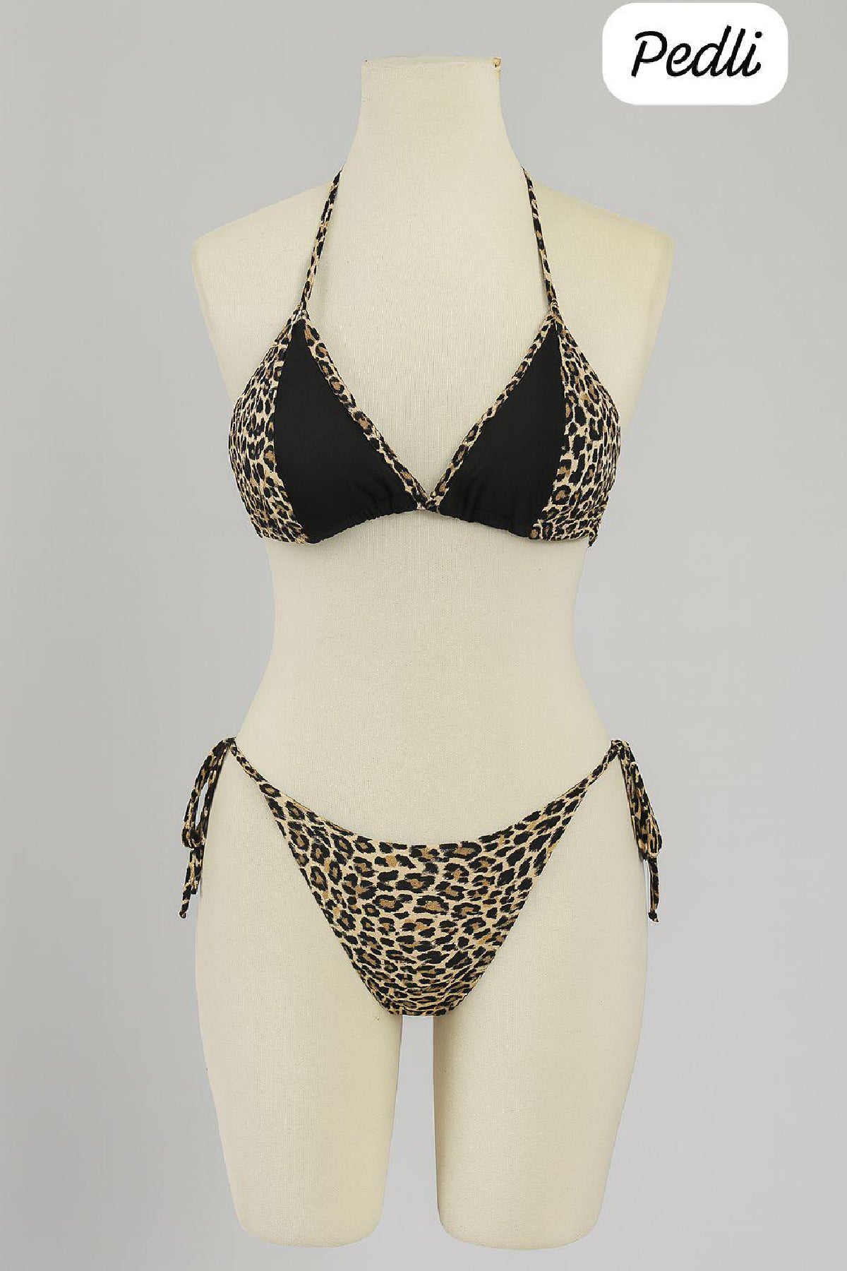 Kadın Siyah ve Leopar Detaylı Yandan Bağlamalı Bikini Takımı