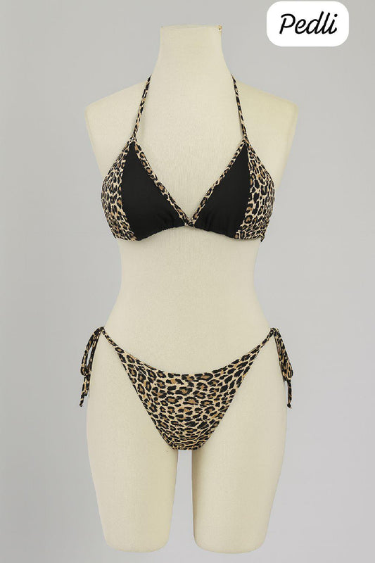 Kadın Siyah ve Leopar Detaylı Yandan Bağlamalı Bikini Takımı