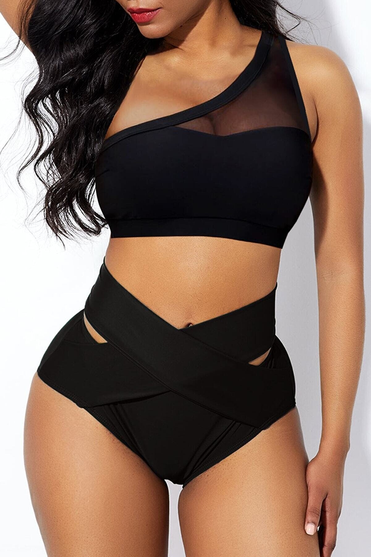 Kadın Siyah Yüksel Bel Tül Detaylı Sütyen Külot Takımı