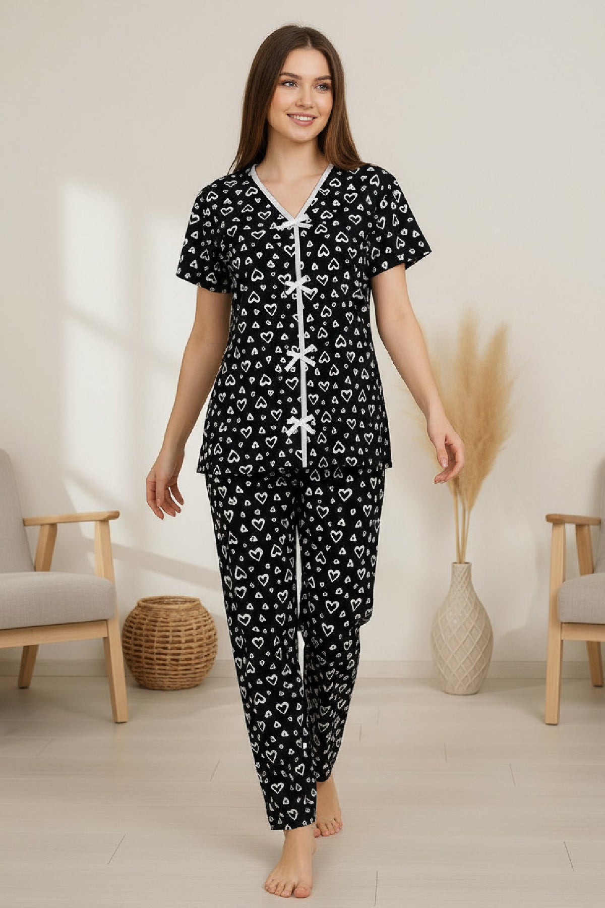 Kadın Turuncu Kalp Desenli Fiyonklu Kısa Kollu Uzun Pijama Takımı