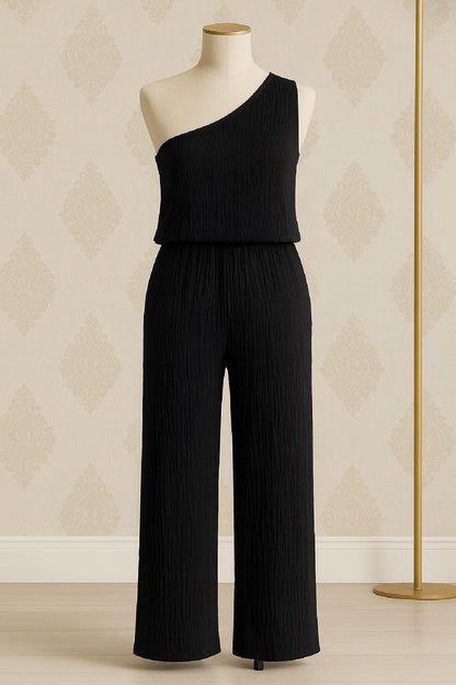 Kadın Beyaz Tek Omuzlu Şık Bluz & Geniş Paça Pantolon İkili Takım