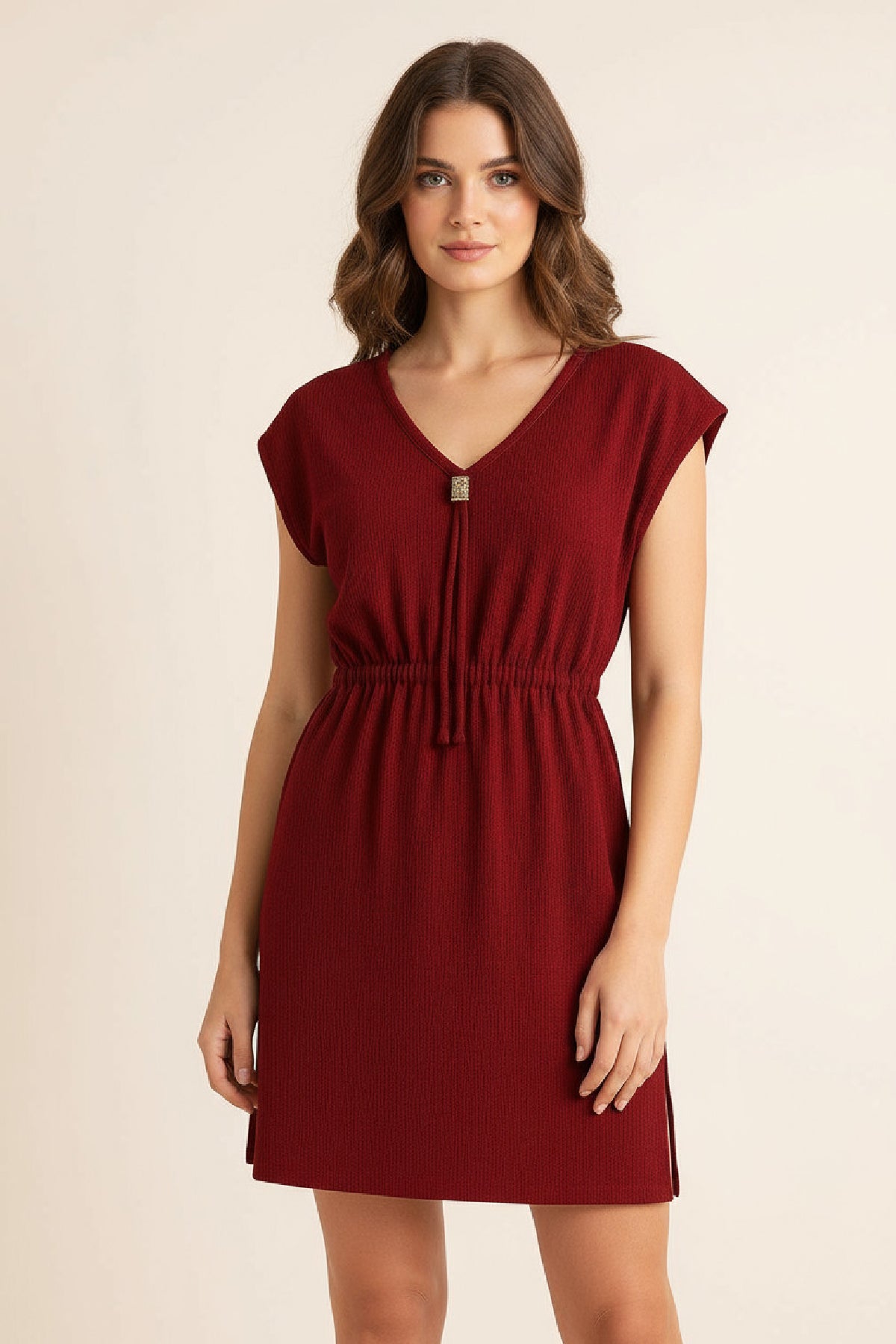 Kadın Haki Yanları Yırtmaçlı Tokalı V Yaka Mini Plaj Elbisesi