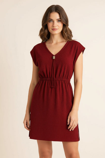 Kadın Haki Yanları Yırtmaçlı Tokalı V Yaka Mini Plaj Elbisesi