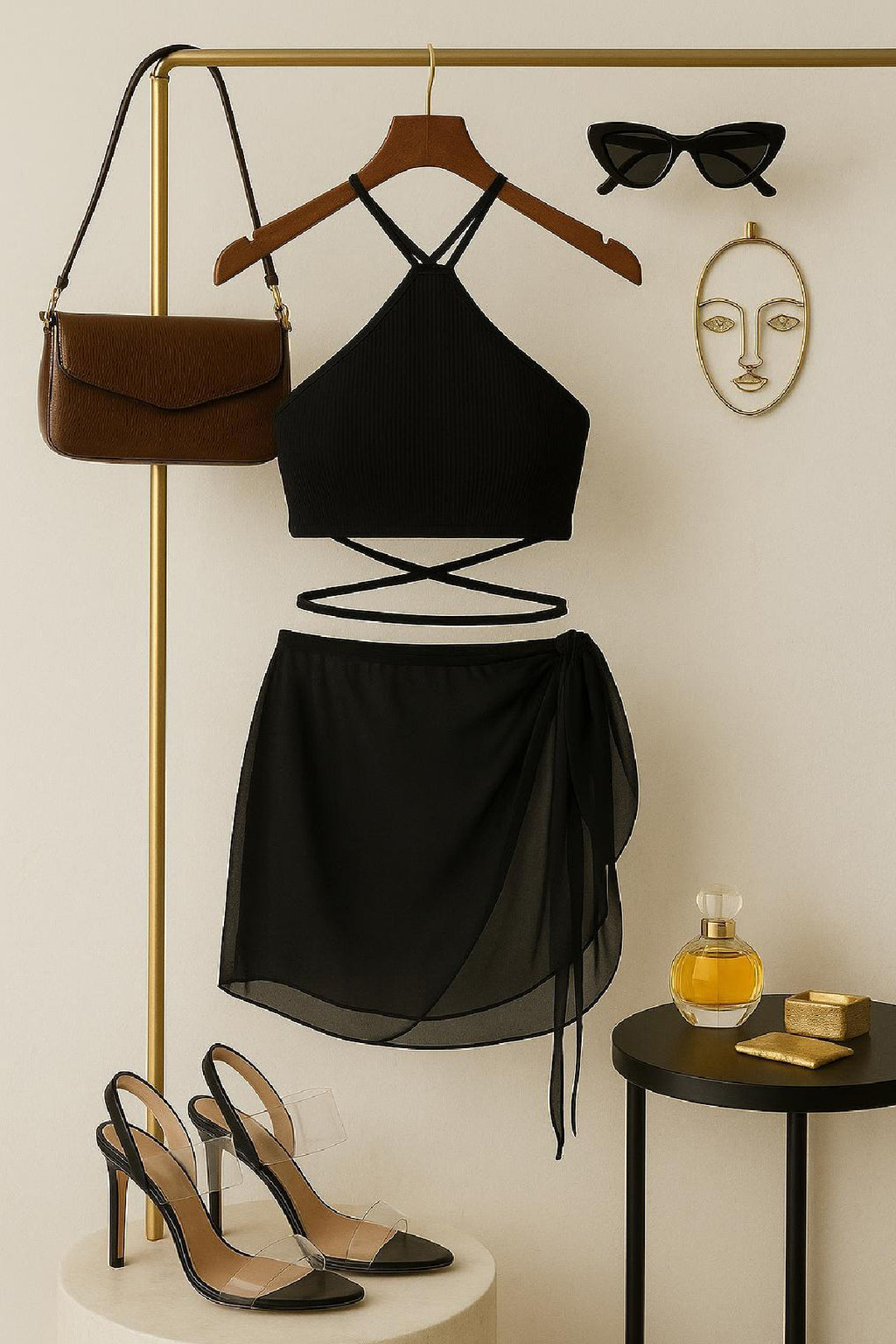 Kadın Pembe Yarım Kol Crop ve Siyah Pareo 2'li Set