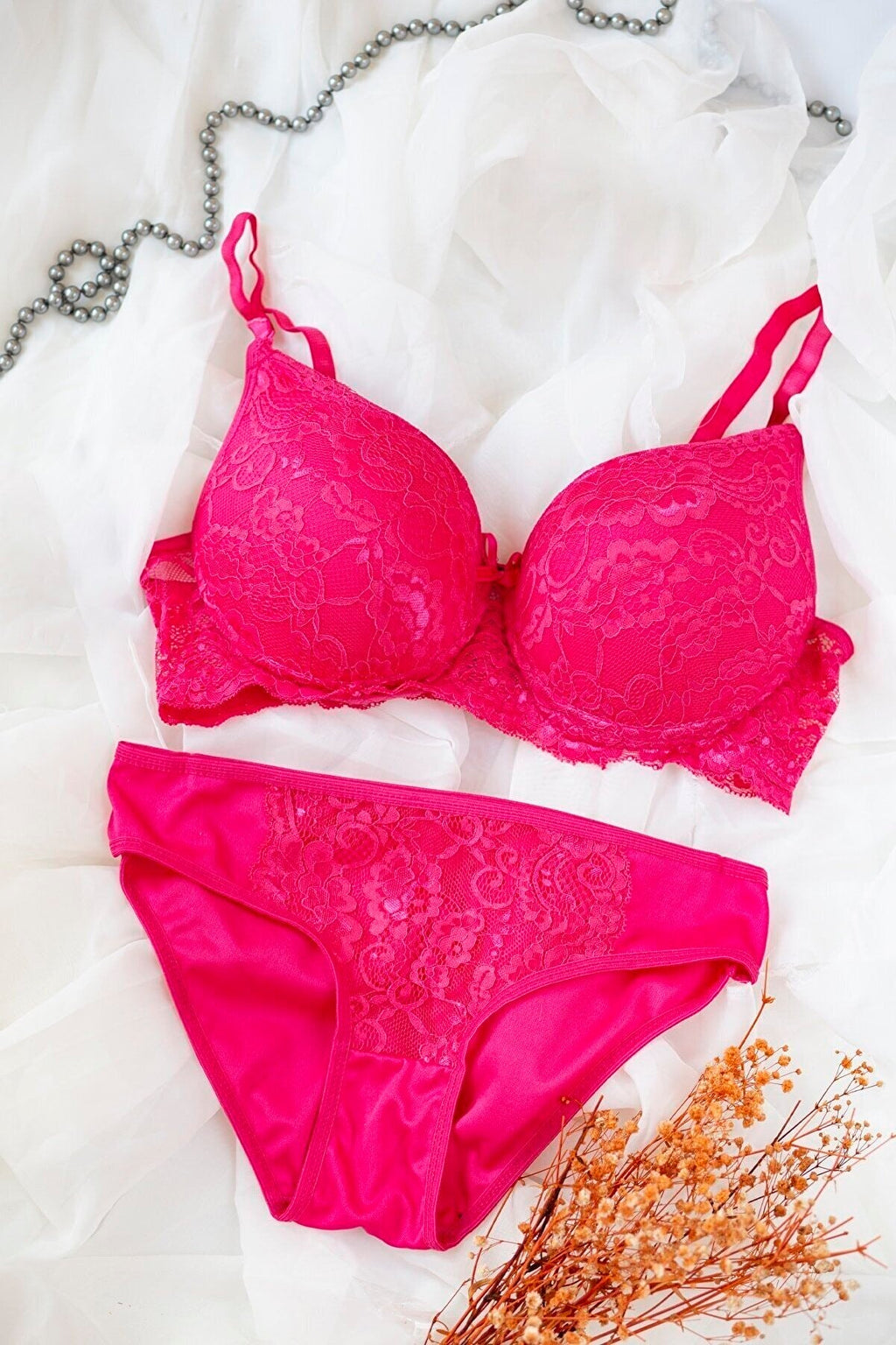 Kadın Fuşya Dolgulu Dantel Sütyen Ve Külot Takım