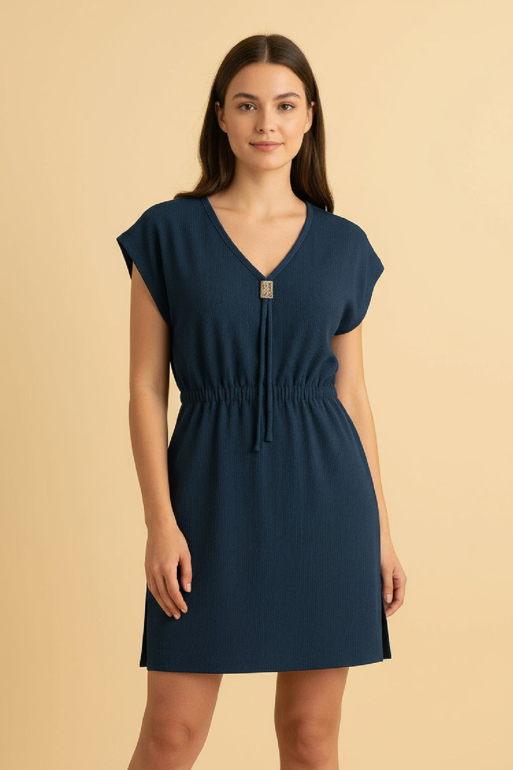 Kadın Haki Yanları Yırtmaçlı Tokalı V Yaka Mini Plaj Elbisesi