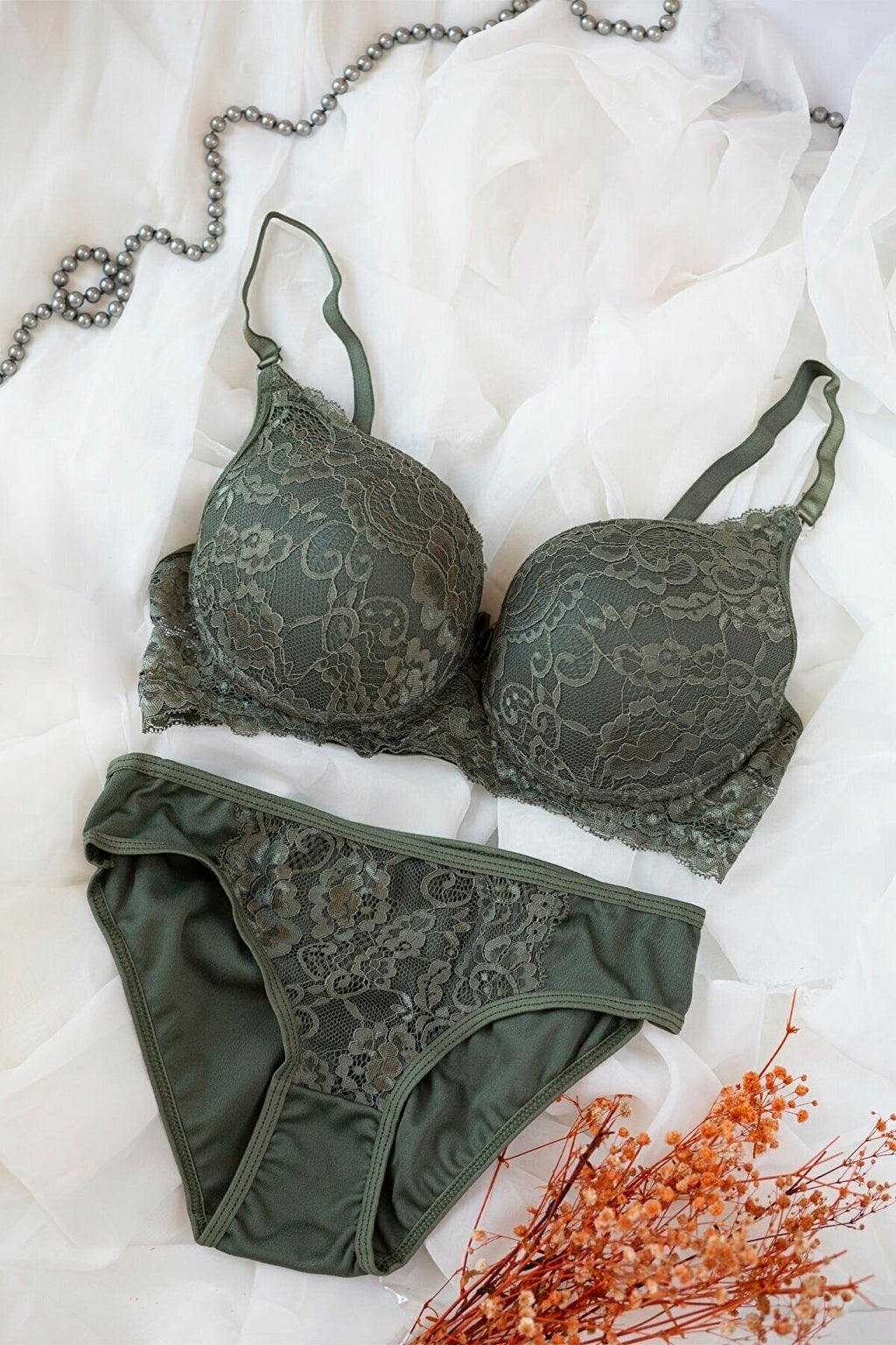 Kadın Haki Yeşili Dolgulu Dantel Sütyen Ve Külot Takım