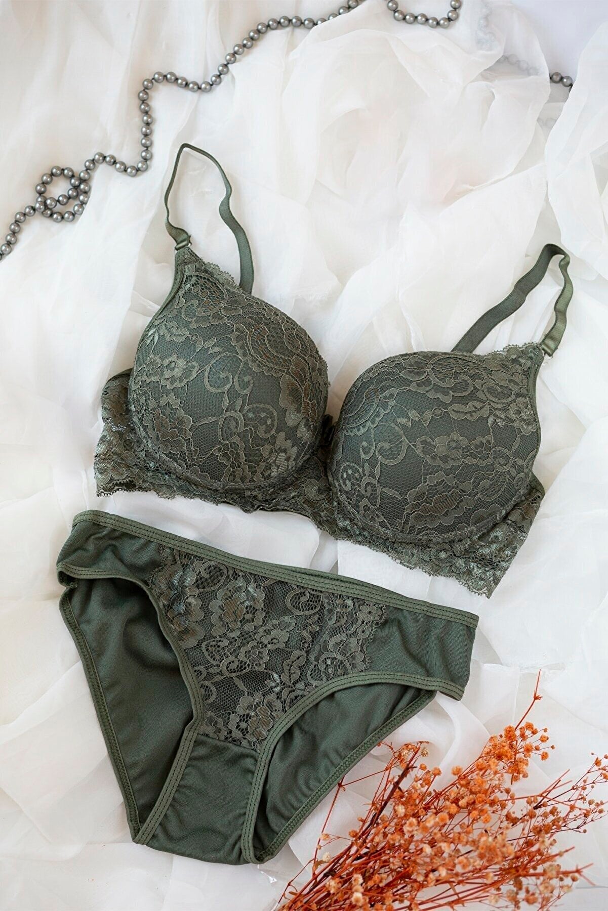 Kadın Haki Yeşili Dolgulu Dantel Sütyen Ve Külot Takım