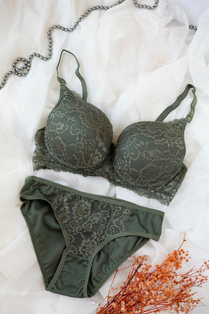 Kadın Haki Yeşili Dolgulu Dantel Sütyen Ve Külot Takım