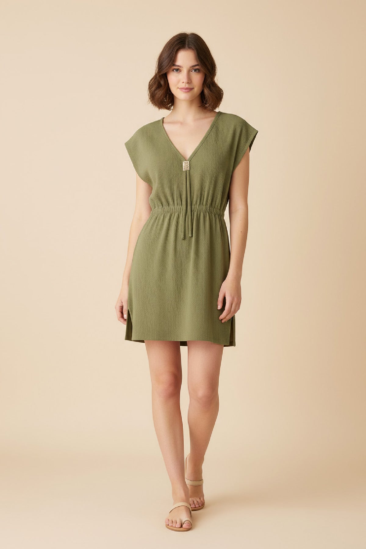 Kadın Haki Yanları Yırtmaçlı Tokalı V Yaka Mini Plaj Elbisesi