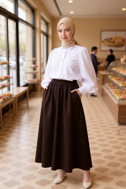 Kadın Kahverengi Double Kumaş Beli Lastikli Cepli Etek