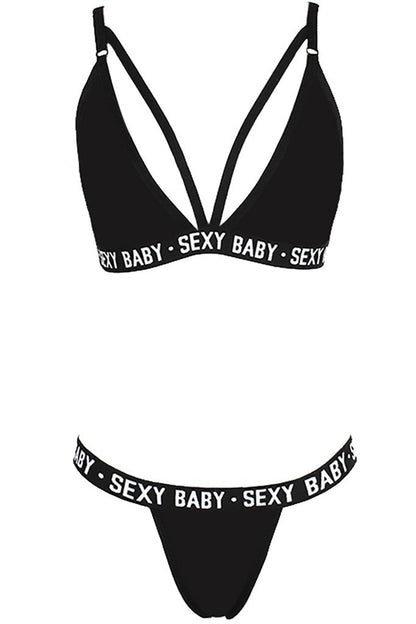 Kadın Siyah Yazı Detaylı Ipli Sütyen Takımı