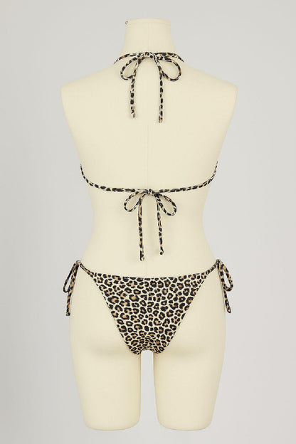 Kadın Siyah ve Leopar Detaylı Yandan Bağlamalı Bikini Takımı
