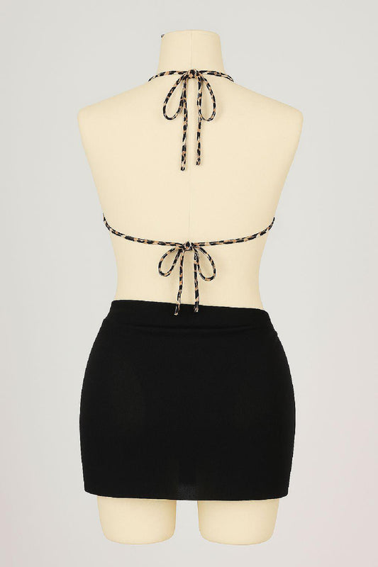 Kadın Siyah ve Leopar Desenli Pareolu 3'lü Bikini Takımı