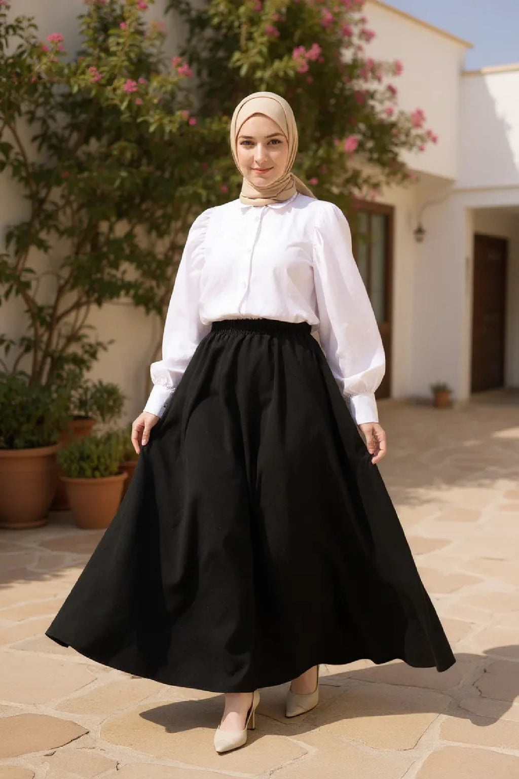 Kadın Kahverengi Double Kumaş Beli Lastikli Cepli Etek