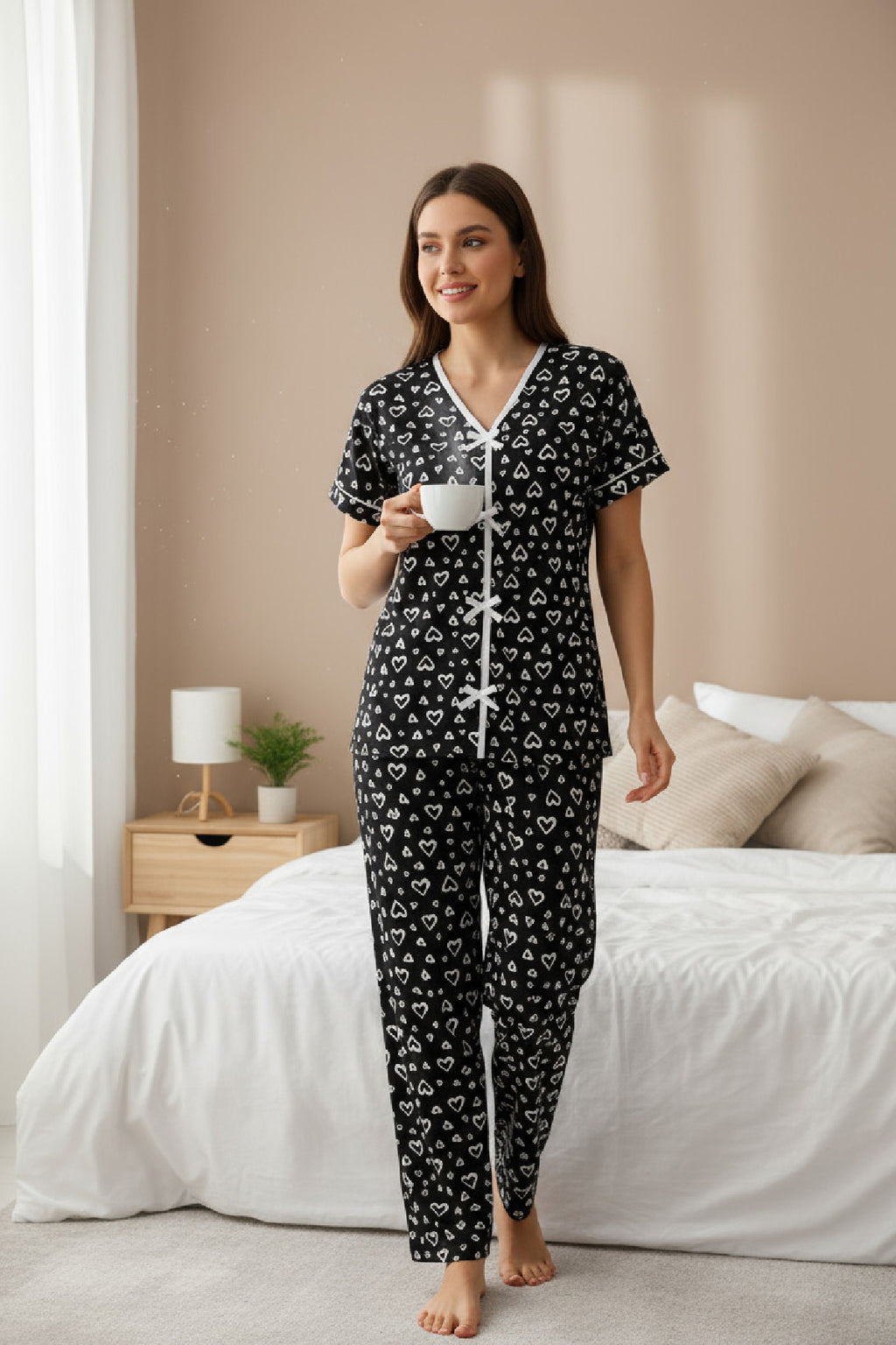 Kadın Turuncu Kalp Desenli Fiyonklu Kısa Kollu Uzun Pijama Takımı