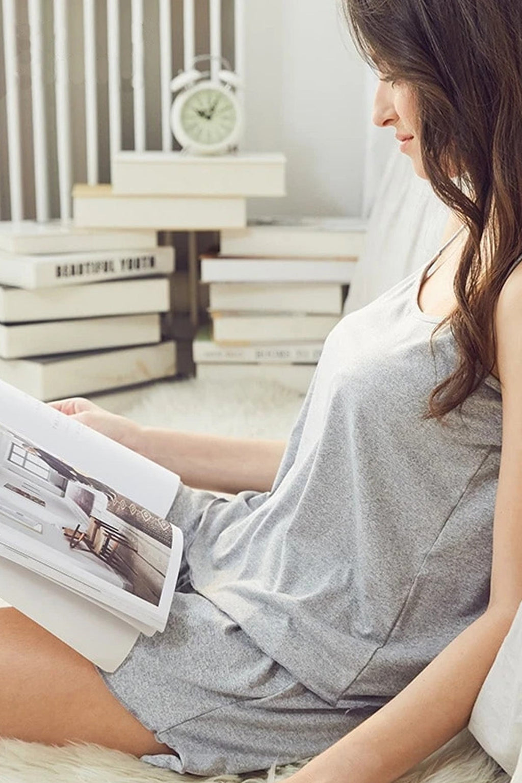 Kadın Gri Şortlu Penye Gecelik Takımı