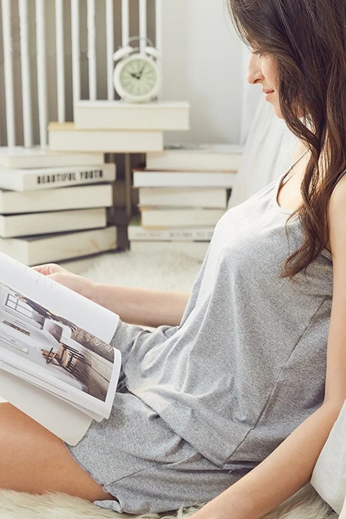 Kadın Gri Şortlu Penye Gecelik Takımı