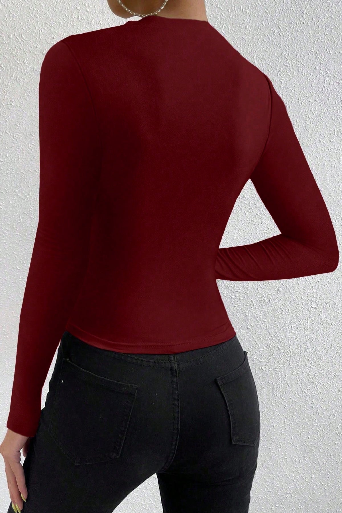 Kadın Bordo Belden ve Boyundan Büzgü Detaylı Uzun Kollu Bluz