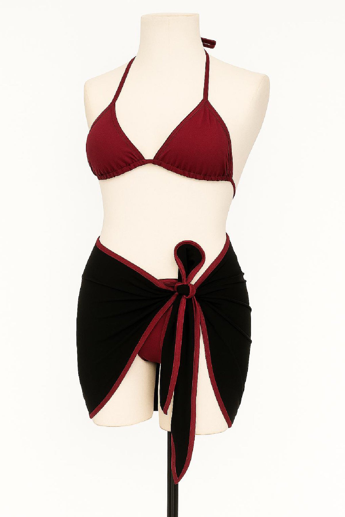 Kadın Siyah ve Leopar Desenli Pareolu 3'lü Bikini Takımı