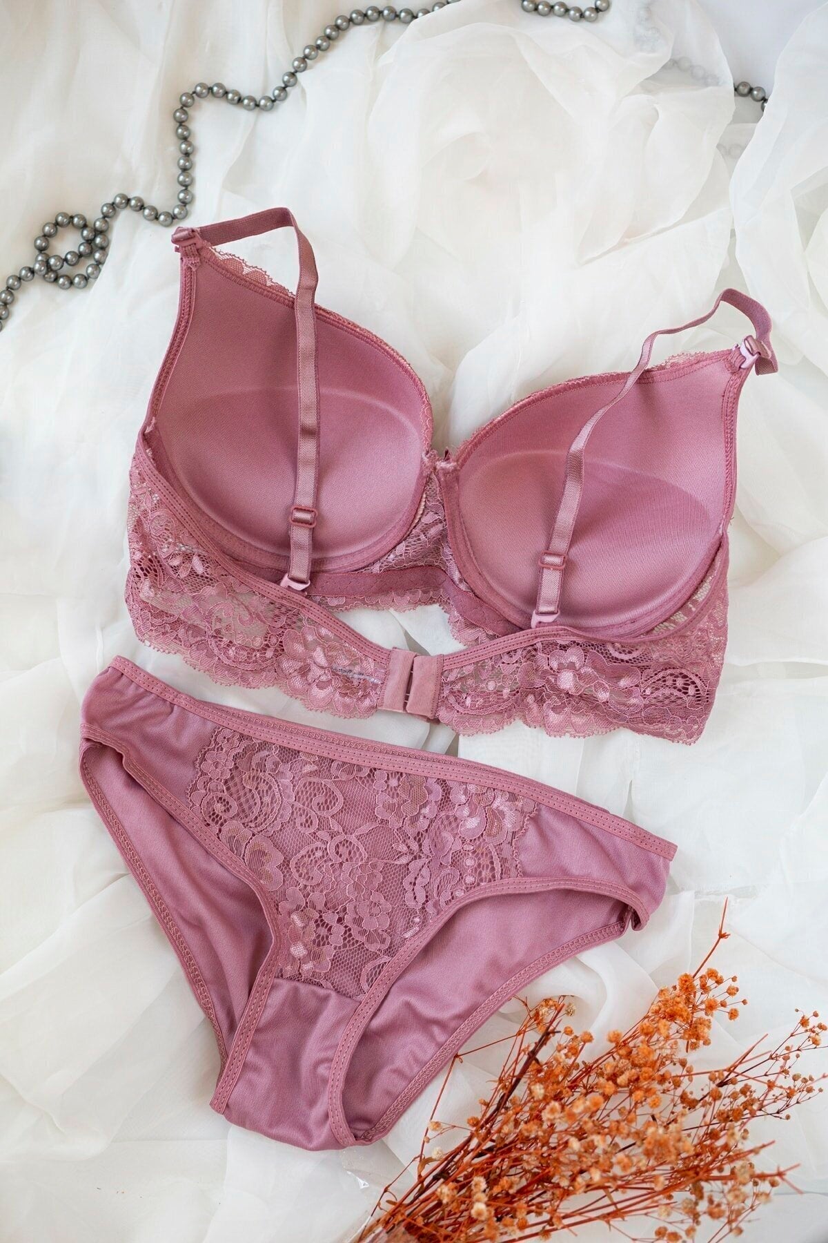 Kadın Pudra Dolgulu Dantel Sütyen Ve Külot Takım