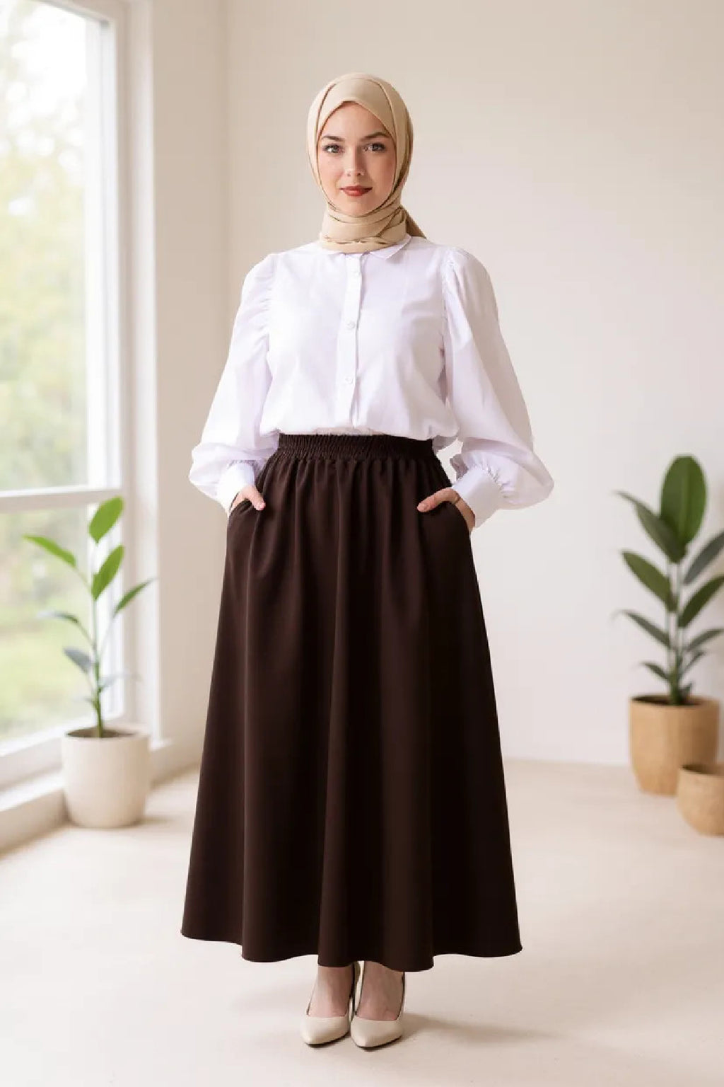 Kadın Kahverengi Double Kumaş Beli Lastikli Cepli Etek