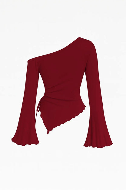 Kadın Siyah Uzun İspanyol Kollu Asimetirik Yaka Yandan Bağlamalı Drapeli Bluz