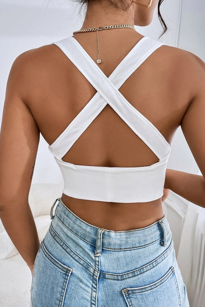 Kadın Beyaz Çapraz Sırt Detaylı Şık Crop Top Büstiyer