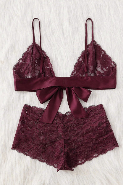 Kadın Bordo Dantelli & Kurdelalı Sütyen Külot Takımı