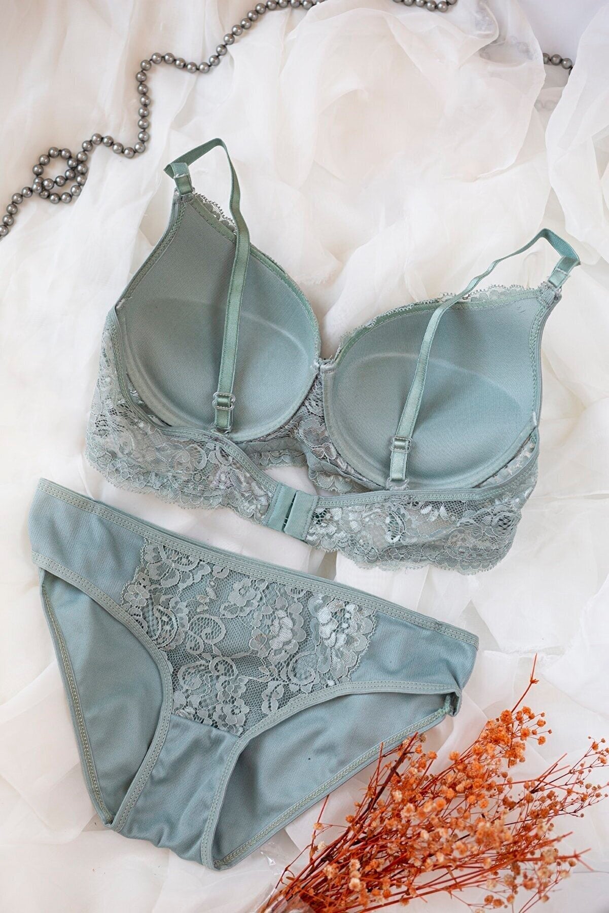 Kadın Su Yeşili Dolgulu Dantel Sütyen Ve Külot Takım