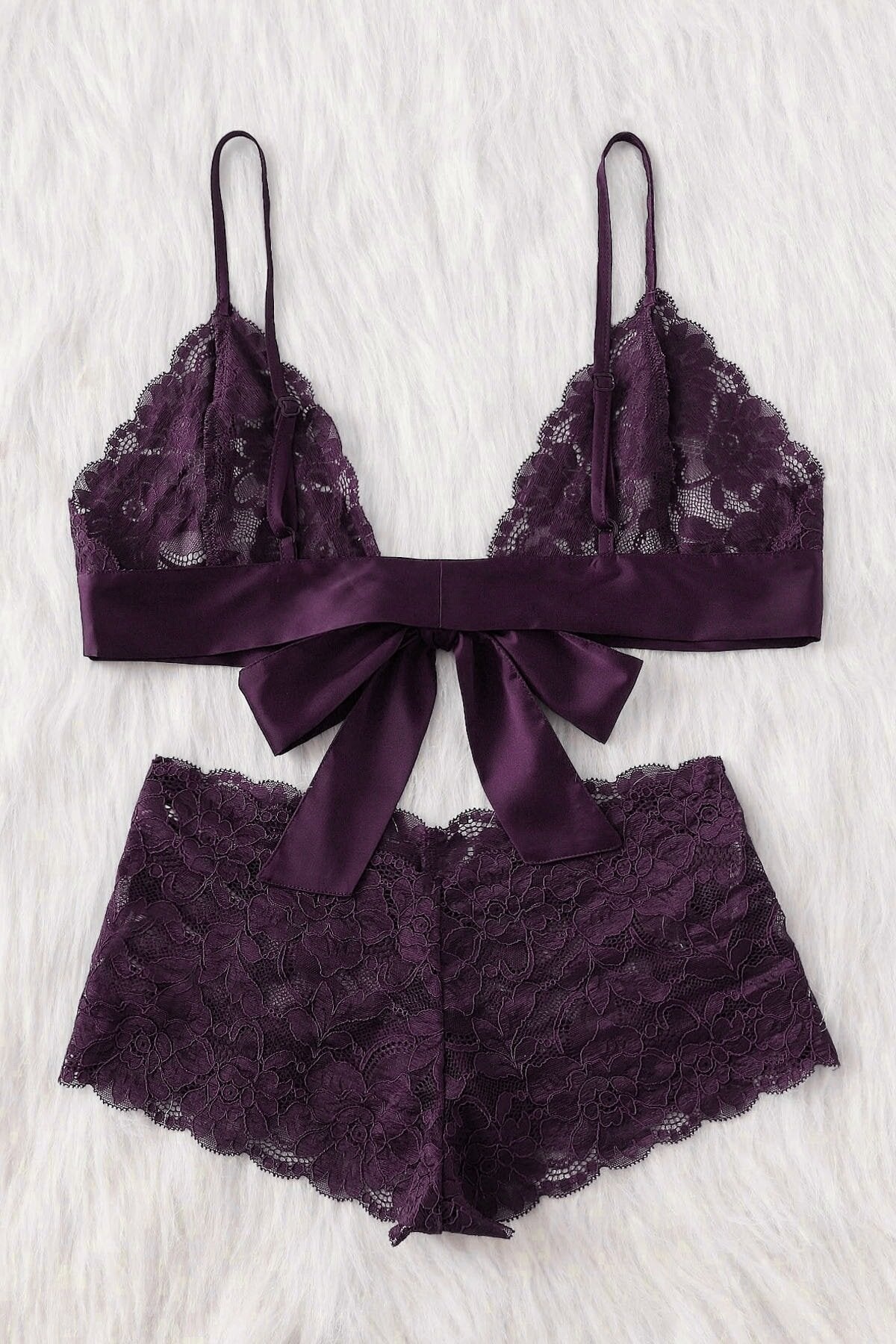 Kadın Mor Dantelli & Kurdelalı Sütyen Külot Takımı