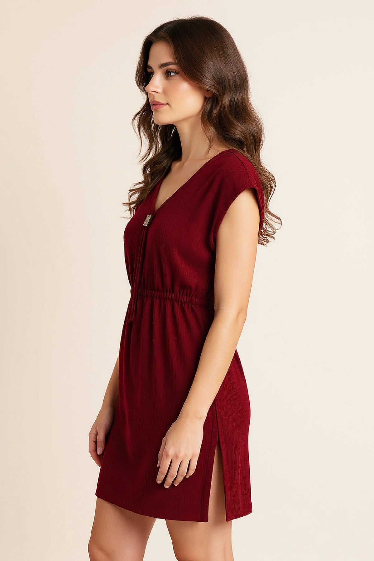 Kadın Haki Yanları Yırtmaçlı Tokalı V Yaka Mini Plaj Elbisesi